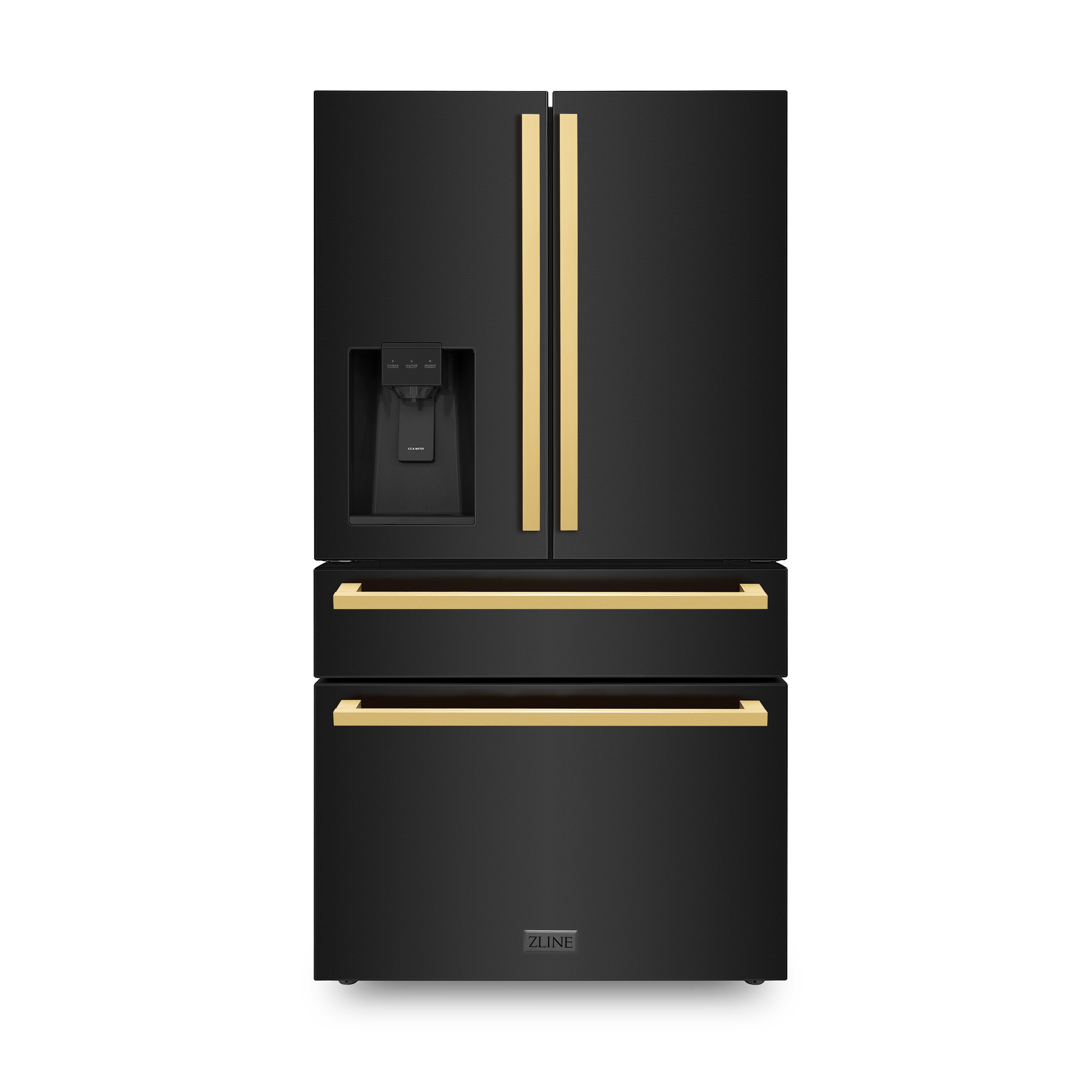 ZLINE KITCHEN & BATH Counter-Depth 21.6-cu ft 4 -Door French Door Refrigerator with Ice Maker with Water and Ice Dispenser ( Black Stainless Steel with Flat Polished Gold Handle ) ENERGY STAR Certified